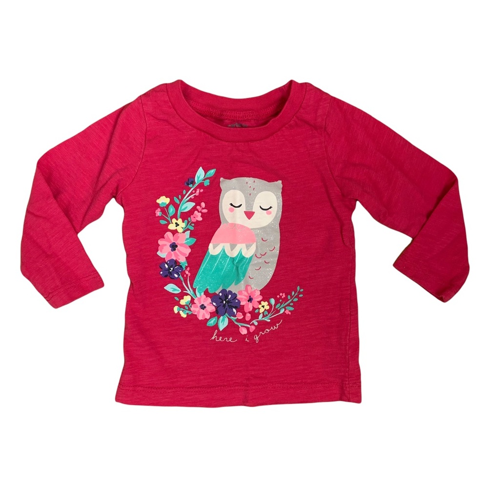 Carter’s Fuschia Hot Pink Long Sleeved Owl Crew Neck Tee Baby 9M